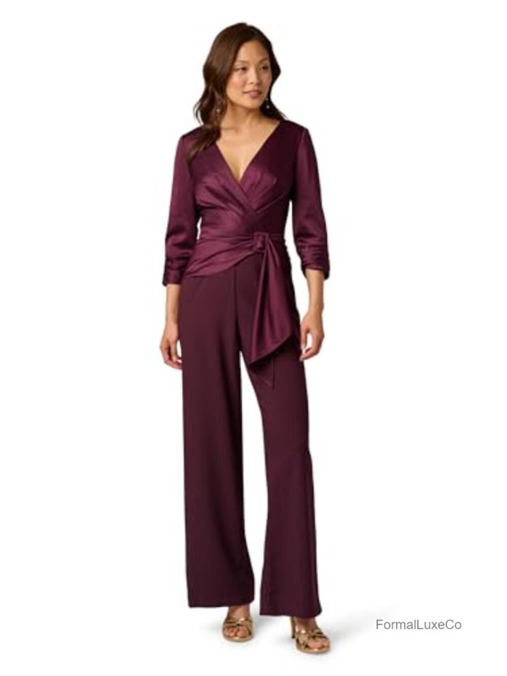 Satin Crepe Wide Leg Jumpsuit 3/4 Sleeve Faux Wrap Formal Evening